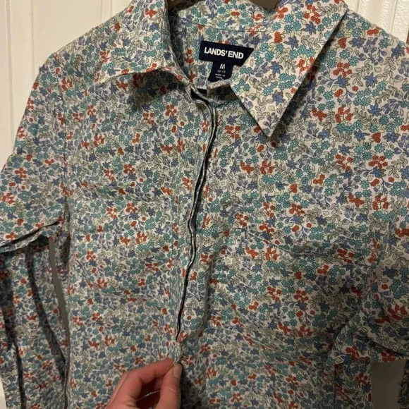 Lands’ End Women’s Floral Cotton/Linen Blend Half Button Down Long Sleeve Size M - Picture 7 of 14